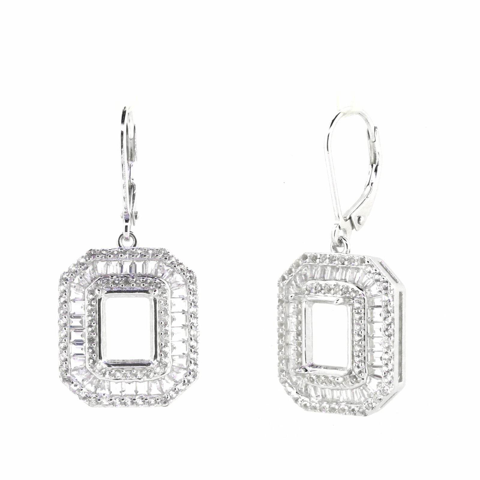 Sterling Silver Semi Mount Earrings Setting Emerald OCT 9X7mm Triple Halo Baguette - Syzjewelry