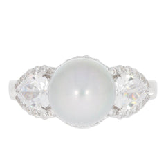 Sterling Silver Semi Mount Ring Setting Round RD 9X9mm Pearl 3 Stone Halo w/ White Topaz - Syzjewelry