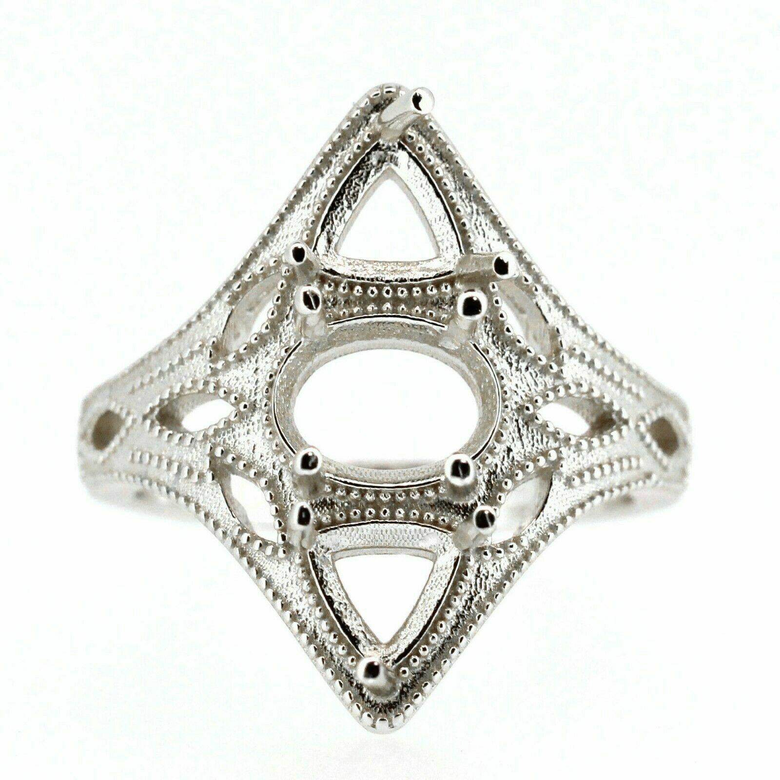 Sterling Silver Semi Mount Ring Setting Oval OV 8x6 Tri 5x5mm Art Deco Style - Syzjewelry