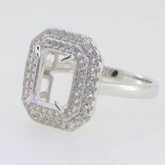 Sterling Silver Semi Mount Ring Setting Emerald OCT 10x8mm Double Halo - Syzjewelry