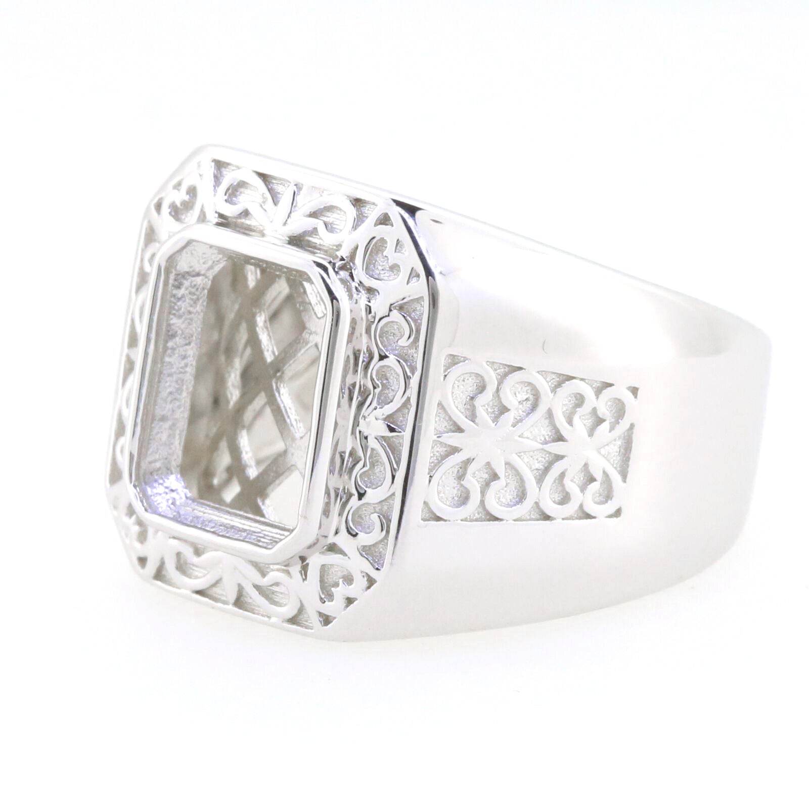 Sterling Silver Semi Mount Ring Setting Emerald OCT 10x8mm Men's Ring Bezel Fleur de lis Ring - Syzjewelry