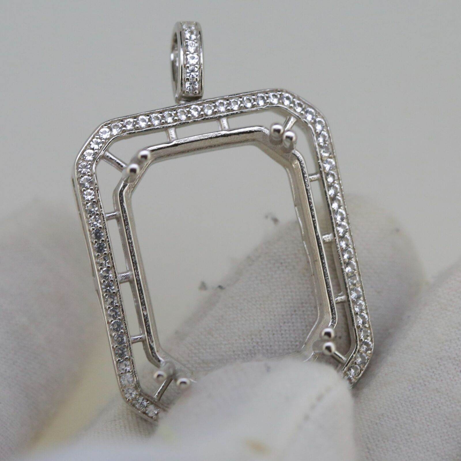 Sterling Silver Semi Mount Pendant Setting OCT 25x20mm Halo w/ White Topaz - Syzjewelry