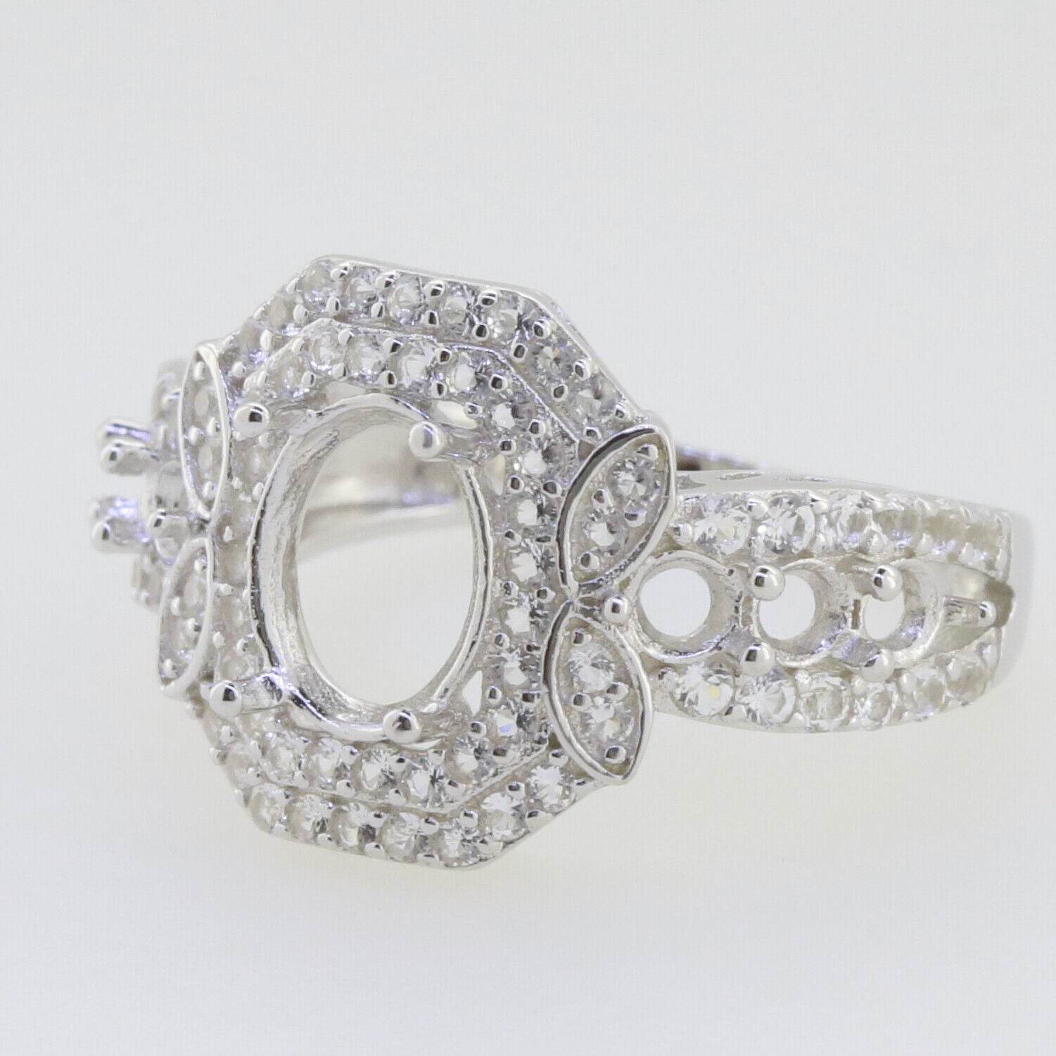 Sterling Silver Semi Mount Ring Setting Oval OV 9x7mm Double Halo 3 Ro - Syzjewelry