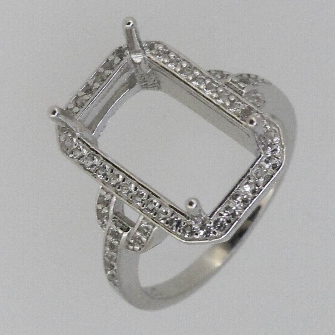 Sterling Silver Semi Mount Ring Setting Emerald OCT 14x8mm Halo White Topaz - Syzjewelry