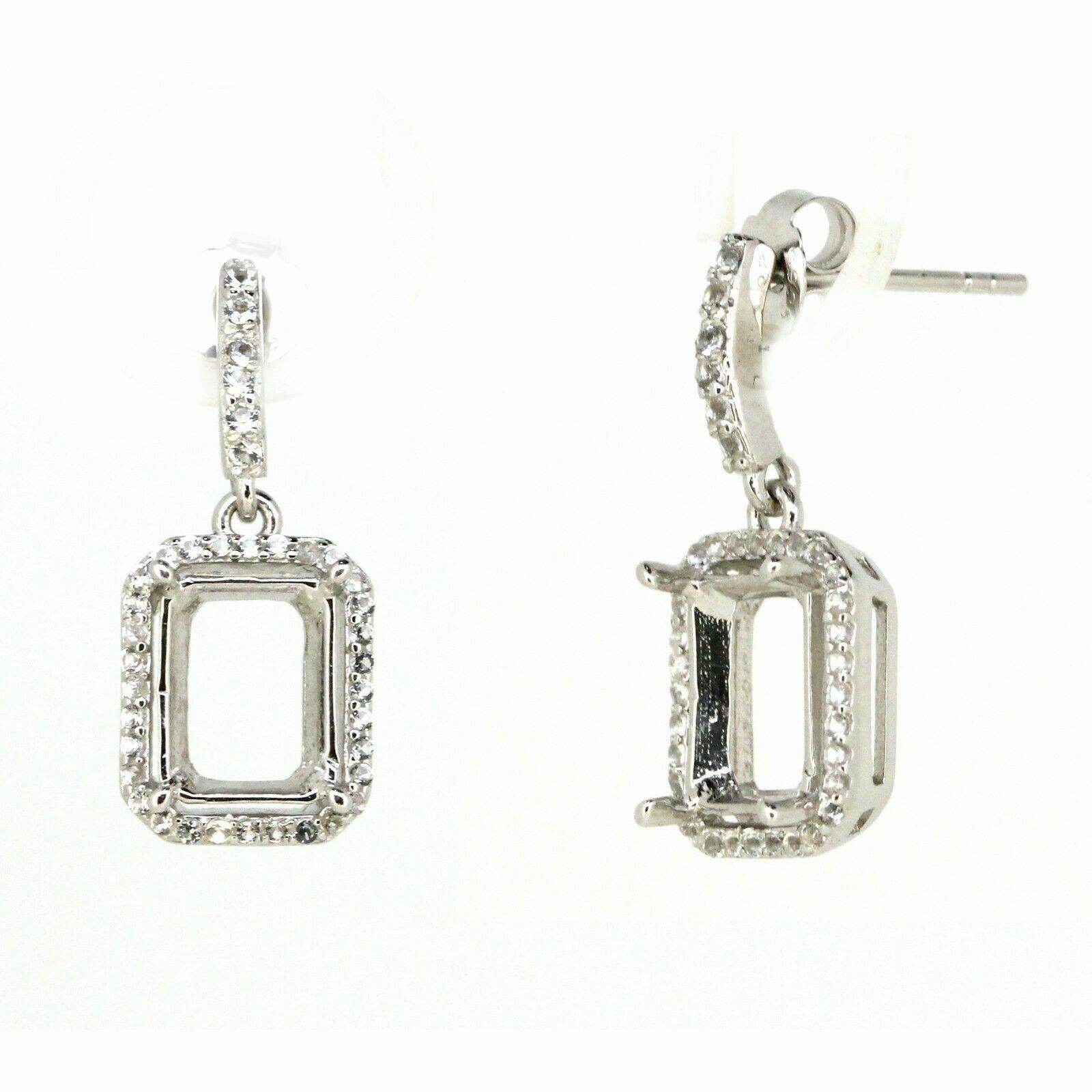 Sterling Silver Semi Mount Earrings Setting Emerald OCT 9x7mm Halo White Topaz - Syzjewelry