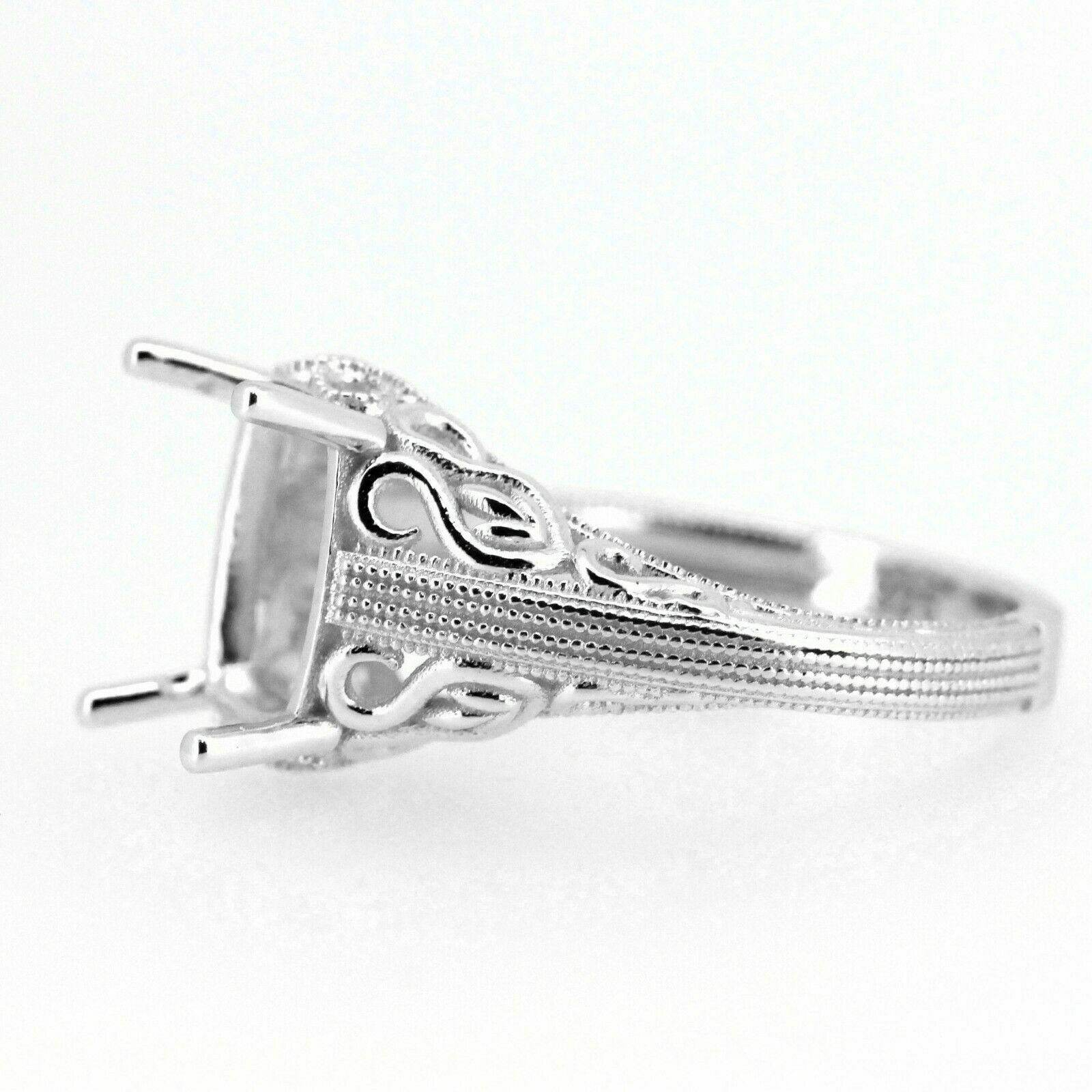 Art Deco Style Sterling Silver Semi Mount Ring Setting Cushion Cu 10x8mm - Syzjewelry