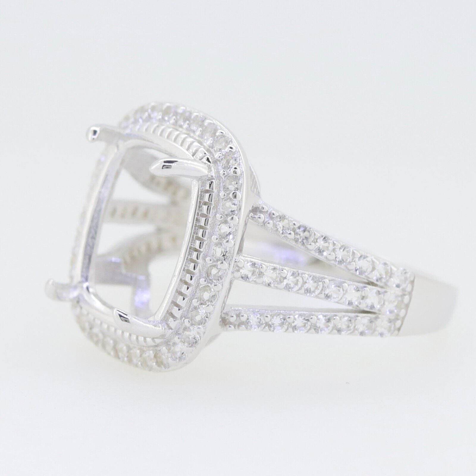 Sterling Silver Semi Mount Ring Setting Cushion CU 12x10mm Halo White - Syzjewelry