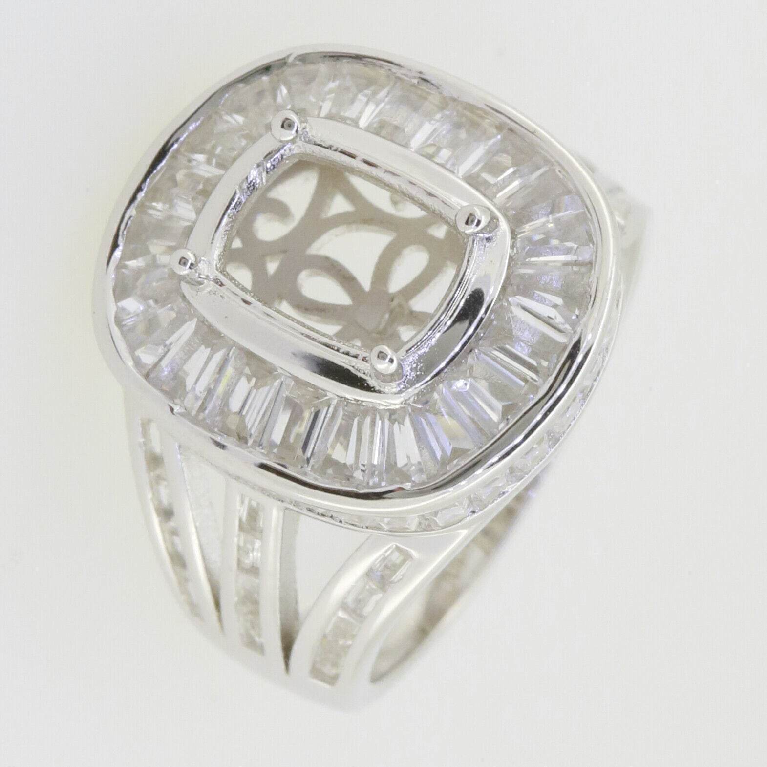 Sterling Silver Semi Mount Ring Setting Cushion CU 9x7mm Channel Baguette Ha - Syzjewelry