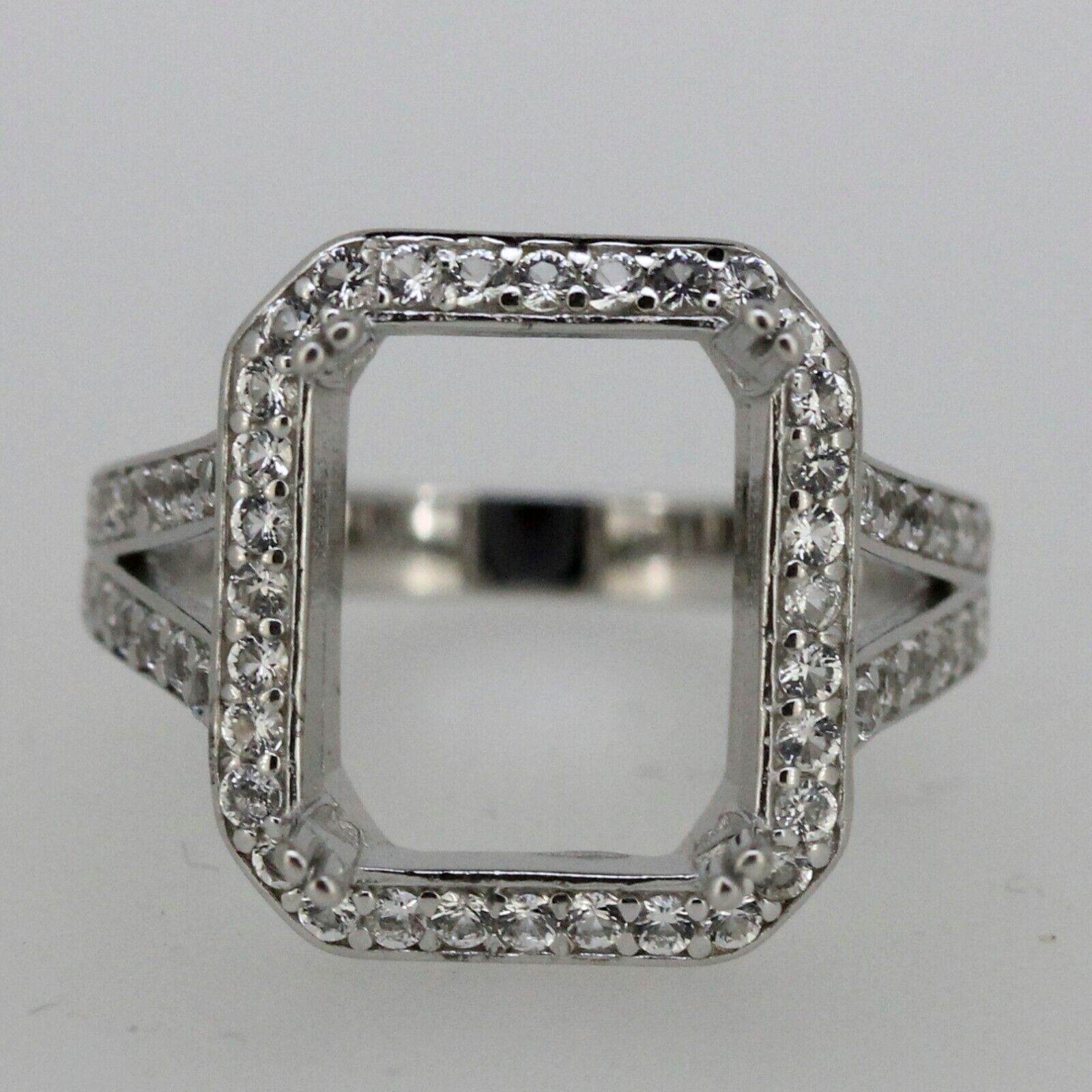 Sterling Silver Semi Mount Ring Setting Emerald OCT 12x10mm Halo White Topaz - Syzjewelry