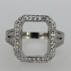 Sterling Silver Semi Mount Ring Setting Emerald OCT 12x10mm Halo White Topaz - Syzjewelry