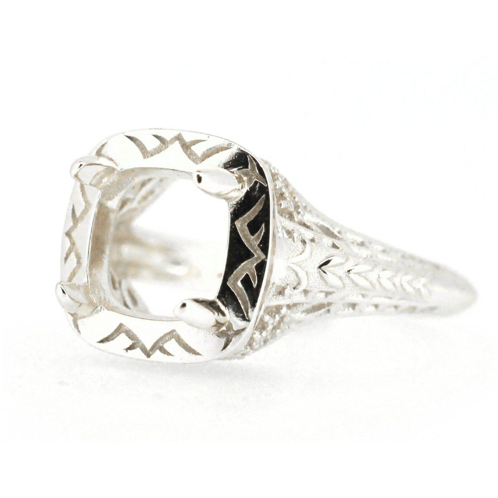 Art Deco Style Sterling Silver Semi Mount Ring Setting Cushion CU 7x7mm - Syzjewelry