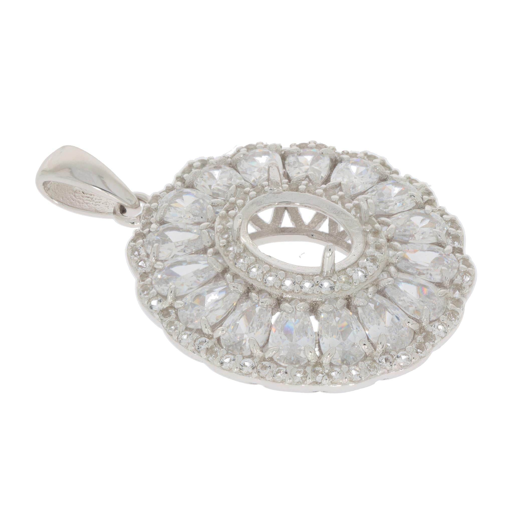 Sterling Silver Semi Mount Pendant Setting Oval OV 9X7mm Triple Halo Accent - Syzjewelry