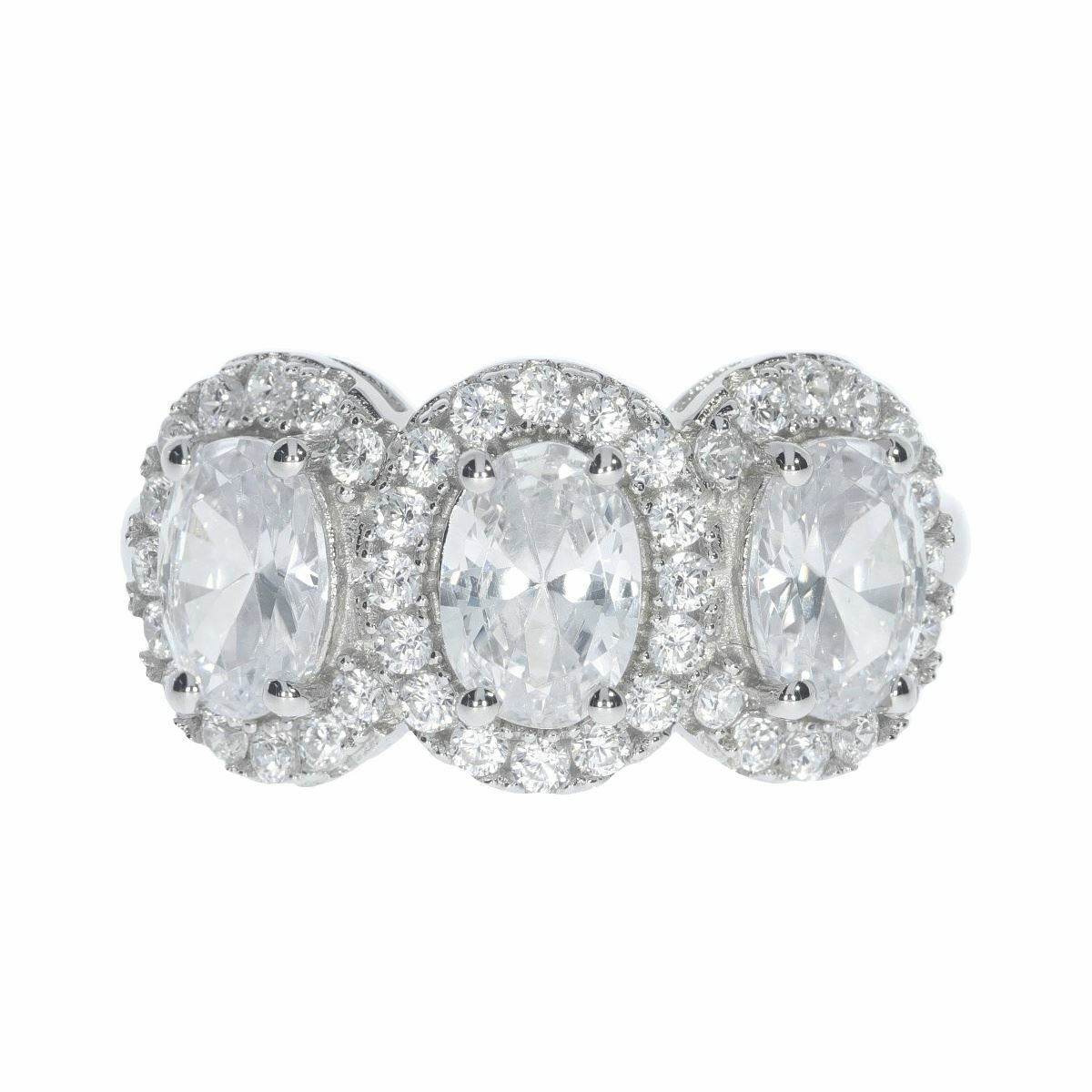 Sterling Silver Semi Mount Ring Setting OV 7X5mm 3 Stone Halo Design W - Syzjewelry