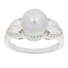 Sterling Silver Semi Mount Ring Setting Round RD 9X9mm Pearl 3 Stone Halo w/ White Topaz - Syzjewelry