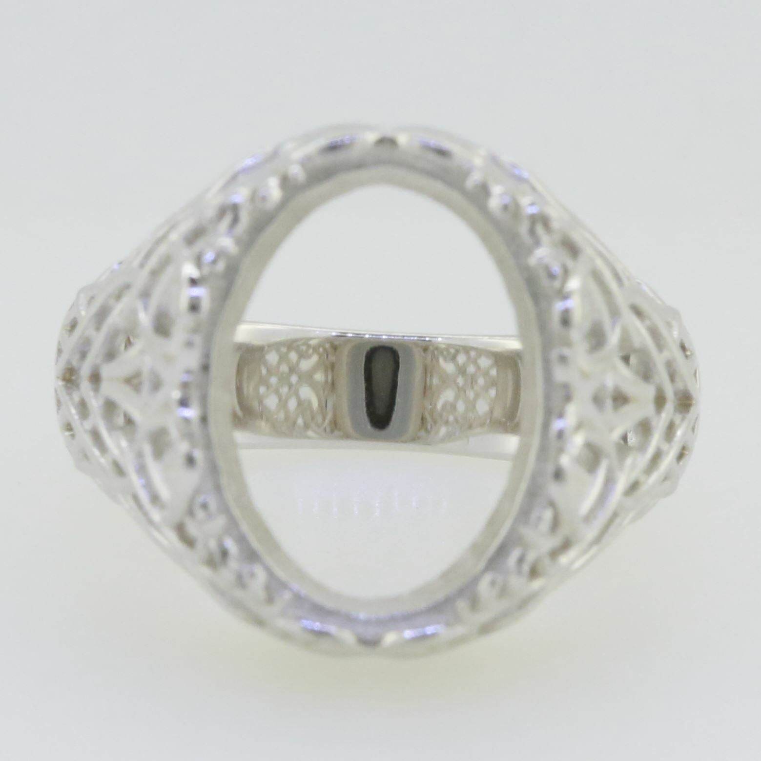 14K White Gold Semi Mount Ring Setting Oval OV 16x12mm Art Deco Style - Syzjewelry