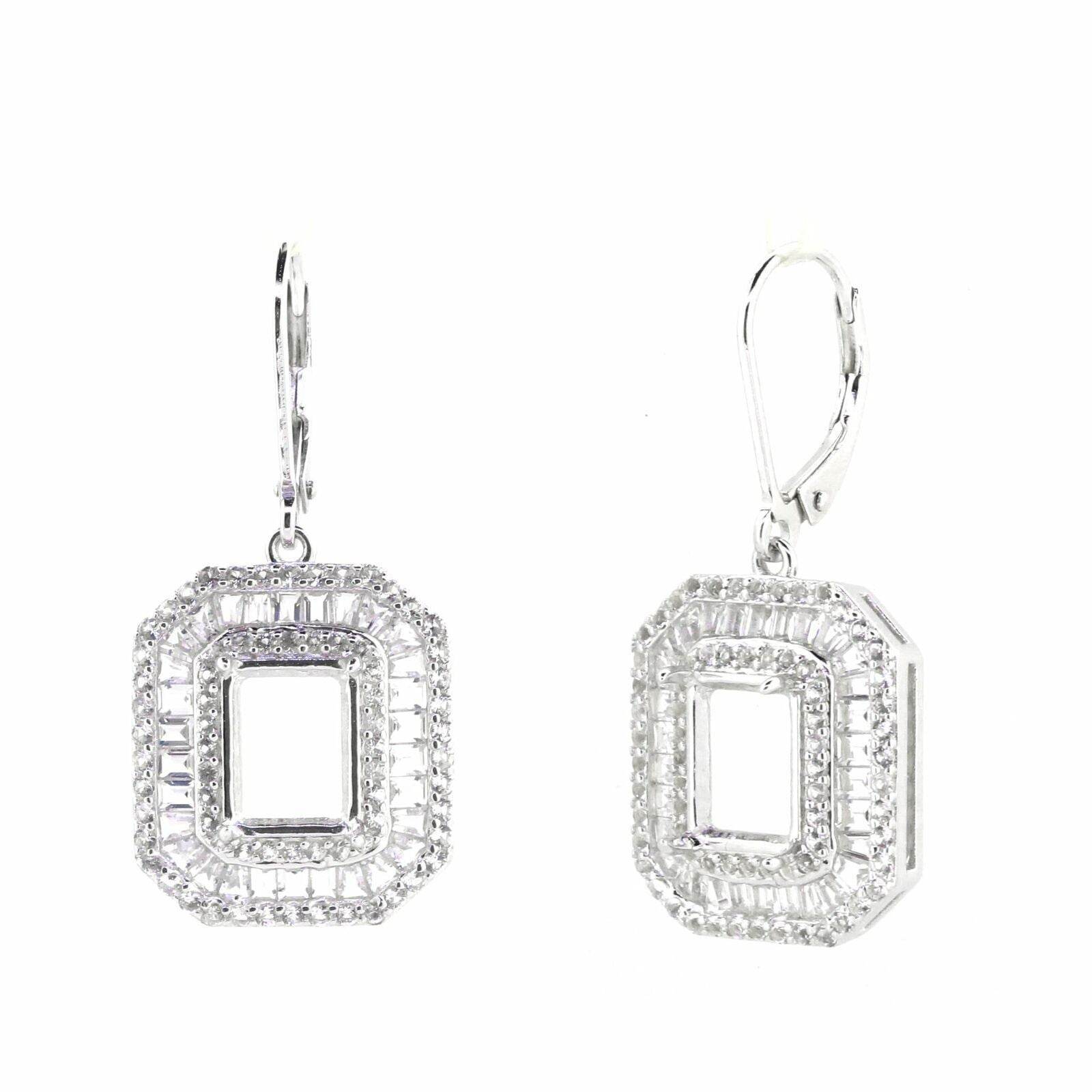 14K White Gold Semi Mount Earrings Setting Emerald OCT 9X7mm Dangle - Syzjewelry