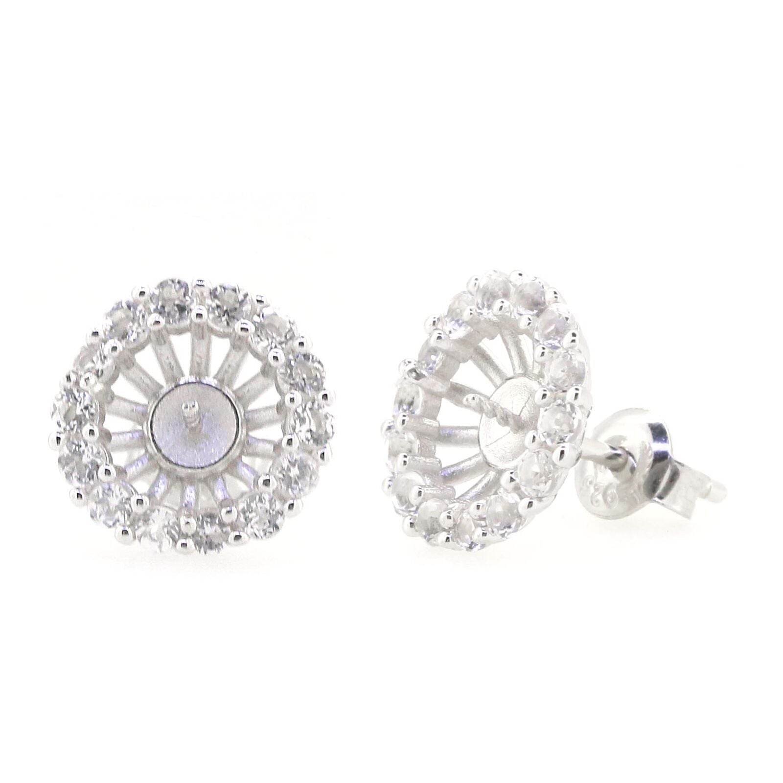 Sterling Silver Semi Mount Earrings Setting Pearl Round RD 8x8mm Halo White Topaz - Syzjewelry