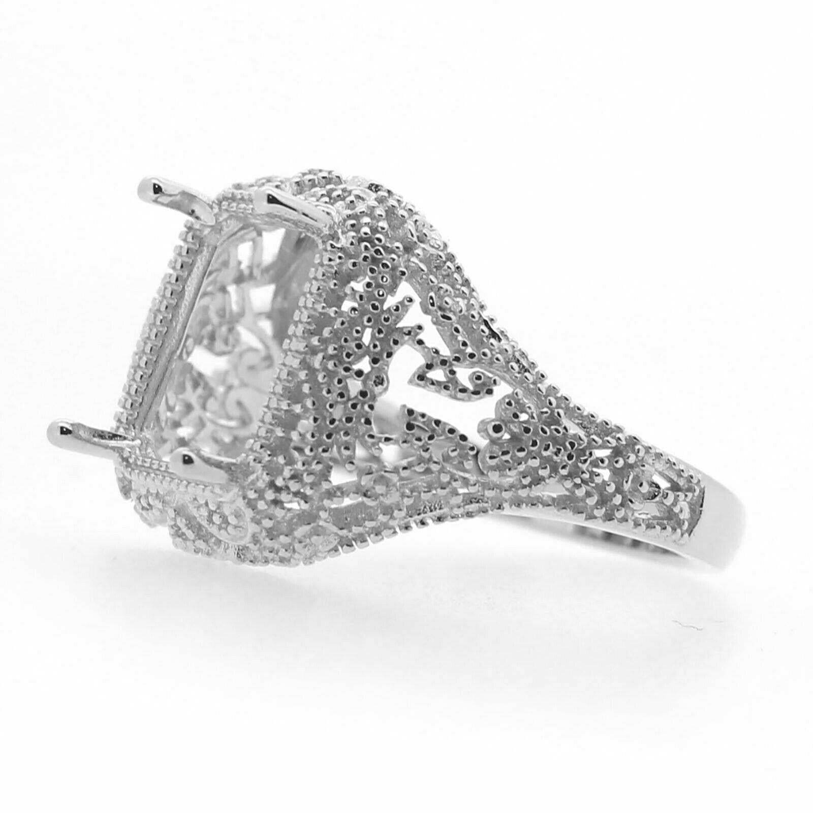 Filigree Sterling Silver Semi Mount Ring Setting Emerald OCT 11x9mm Vintage Repr - Syzjewelry