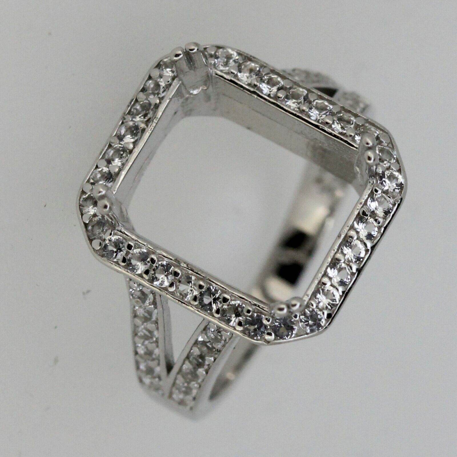 Sterling Silver Semi Mount Ring Setting Emerald OCT 12x10mm Halo White Topaz - Syzjewelry