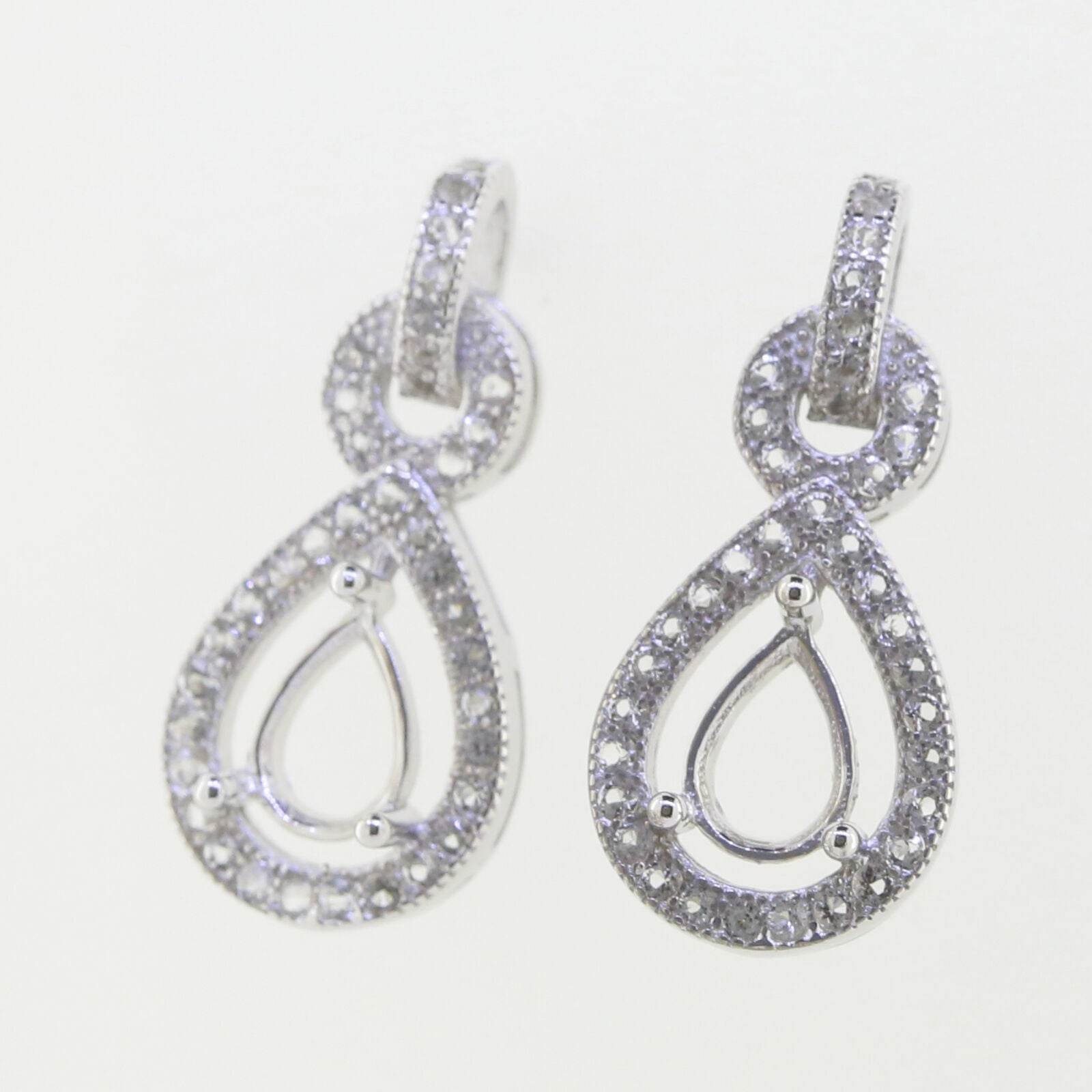 Sterling Silver Semi Mount Earrings Setting Pear PE 7x5mm Drop Stud Halo Topaz - Syzjewelry