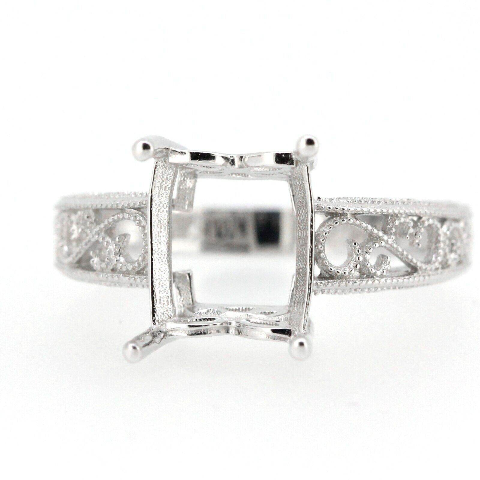 Sterling Silver Semi Mount Ring Setting Emerald Cut Oct 10x8mm Filigree - Syzjewelry