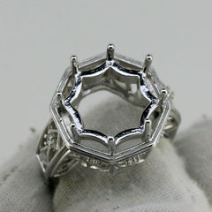 Art Deco Style Sterling Silver Semi Mount Ring Setting Round RD 17x17mm - Syzjewelry