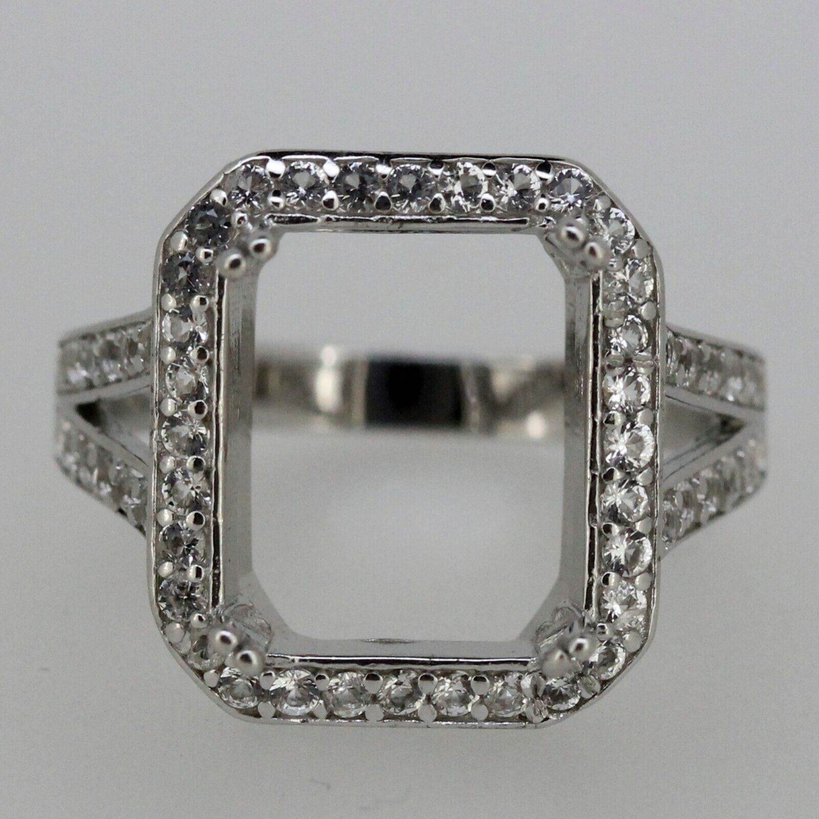 Sterling Silver Semi Mount Ring Setting Emerald OCT 12x10mm Halo White Topaz - Syzjewelry