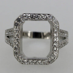 Sterling Silver Semi Mount Ring Setting Emerald OCT 12x10mm Halo White Topaz - Syzjewelry