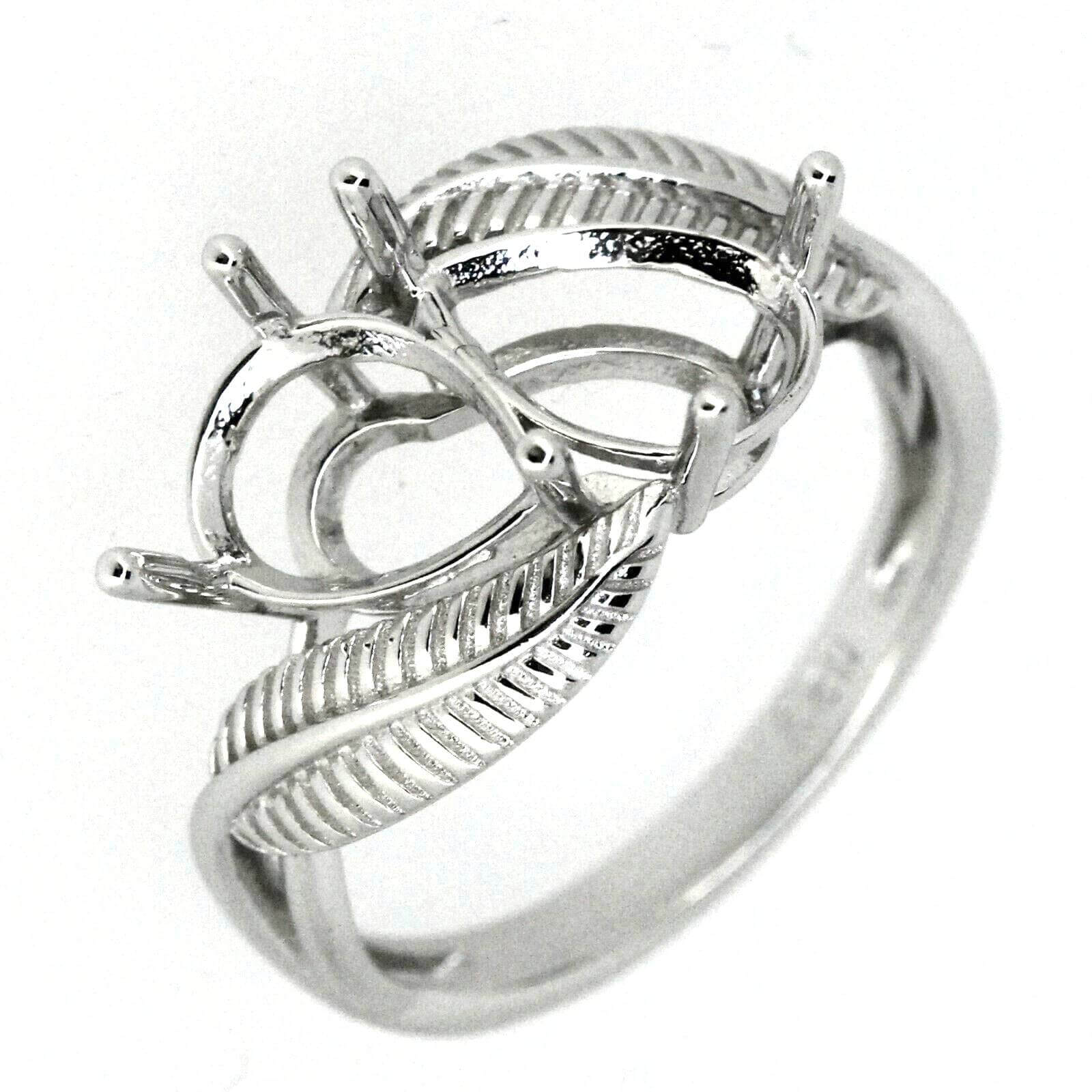Sterling Silver Semi Mount Ring Setting Pear PE 9x6mm Feather Toi et Moi - Syzjewelry