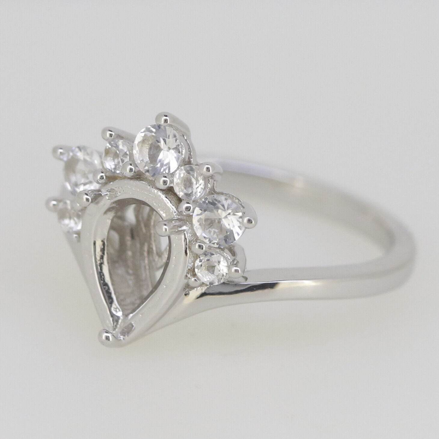 Sterling Silver Semi Mount Ring Setting Pear PE 9x7mm Crown Ring White - Syzjewelry