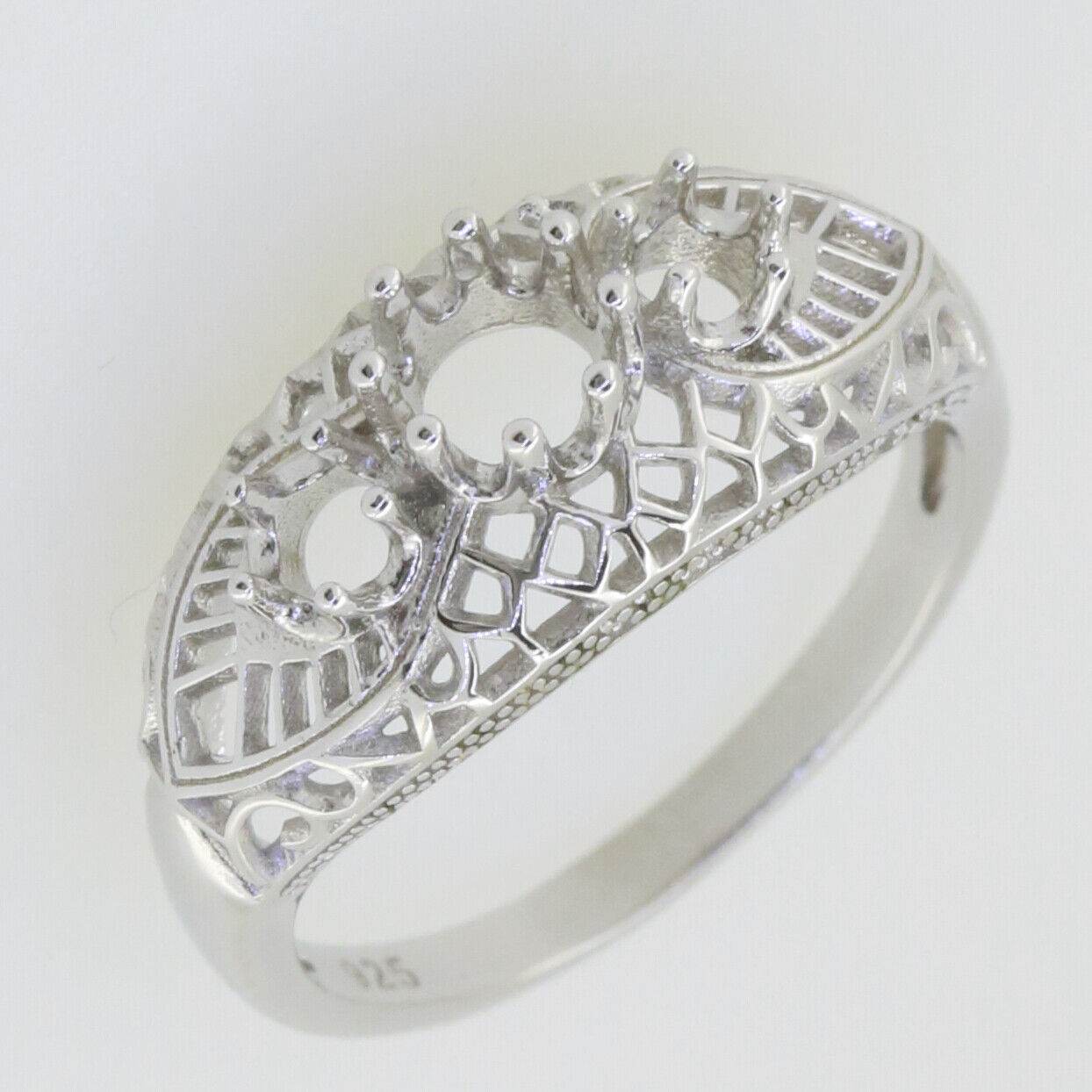 Sterling Silver Semi Mount Ring Setting Round RD 4x4 3x3mm 3 Stone Filigree - Syzjewelry