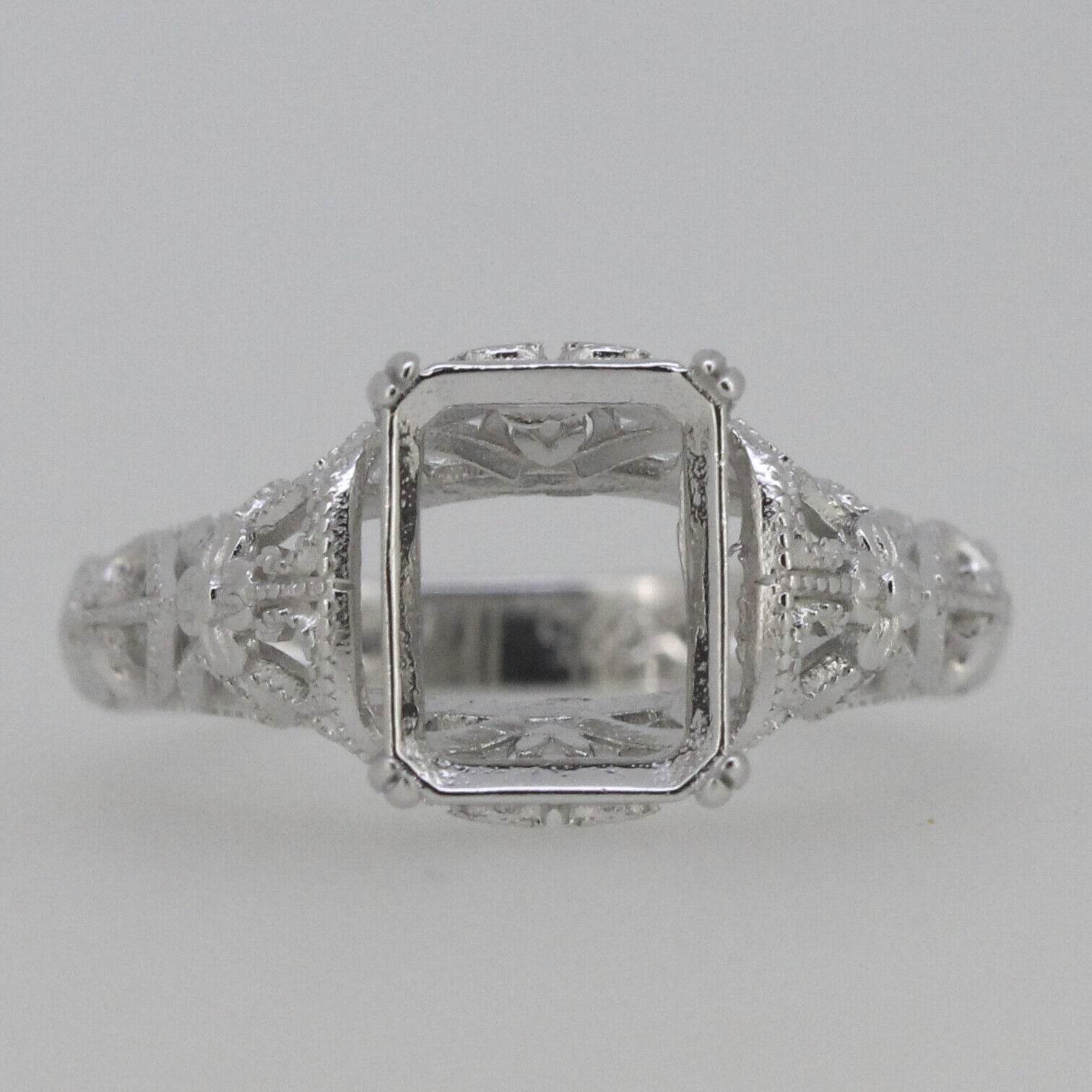 Filigree Sterling Silver Semi Mount Ring Setting Emerald OCT 9x7mm - Syzjewelry