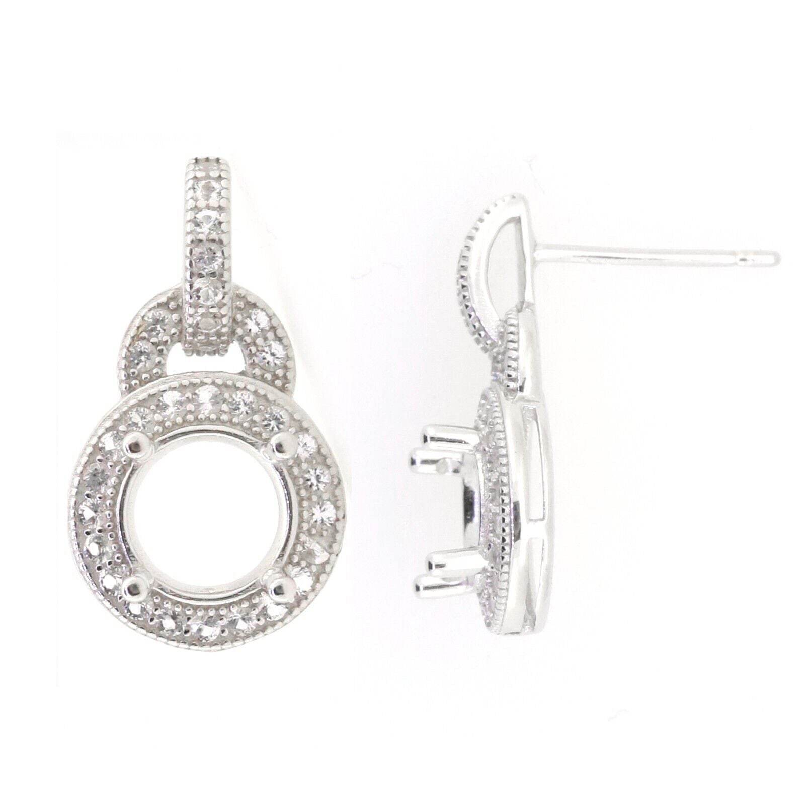 Sterling Silver Semi Mount Earrings Setting Round RD 6x6mm Halo Topaz Drop - Syzjewelry