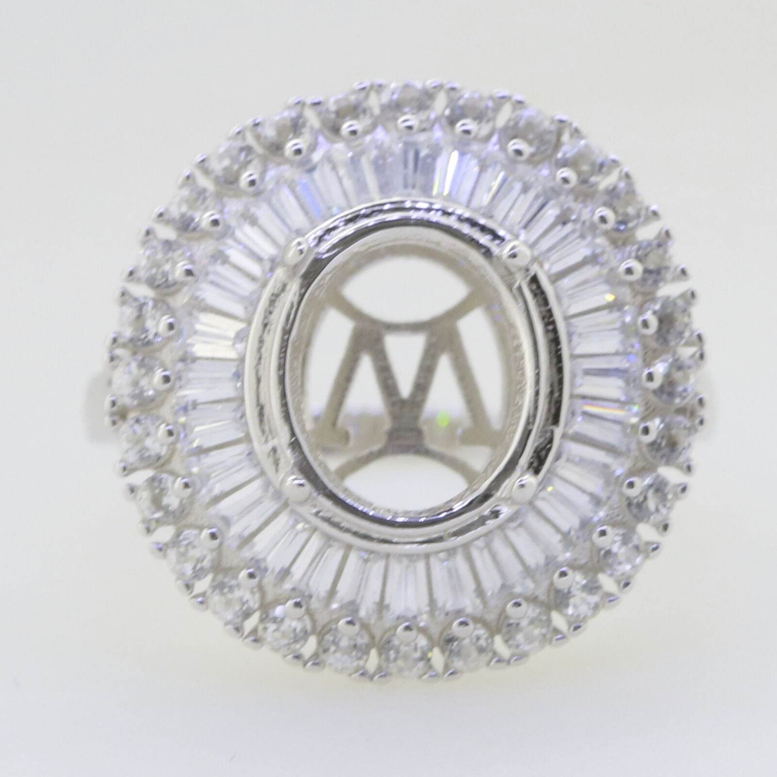 Sterling Silver Semi Mount Ring Setting Oval OV 12x10mm Baguette Halo - Syzjewelry