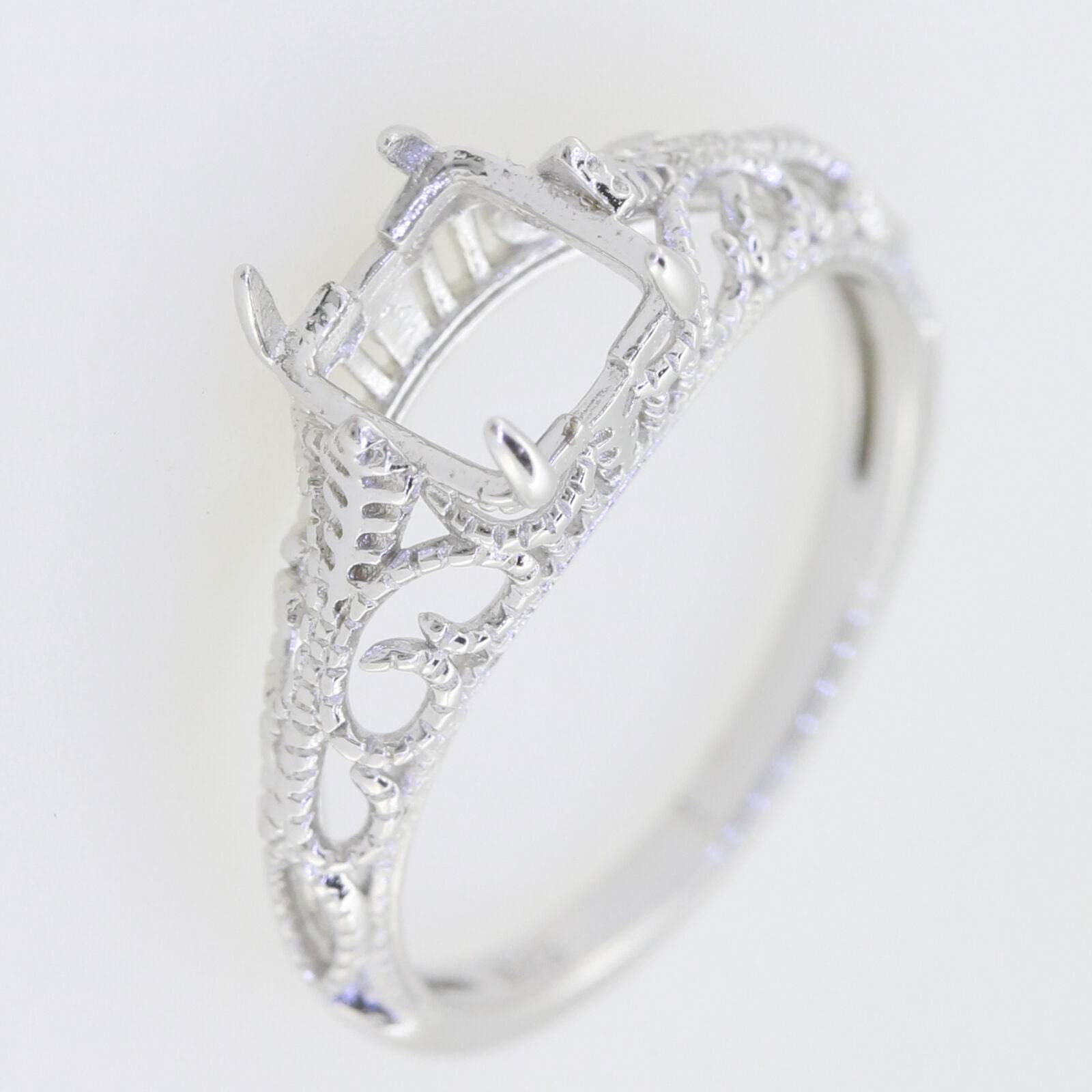 Filigree Sterling Silver Semi Mount Ring Setting Cushion CU 7x7mm Vintage - Syzjewelry