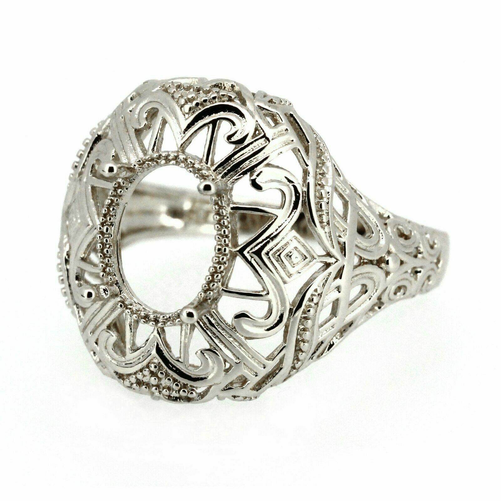 Sterling Silver Semi Mount Ring Setting Oval OV 10x8mm Art Deco Style - Syzjewelry