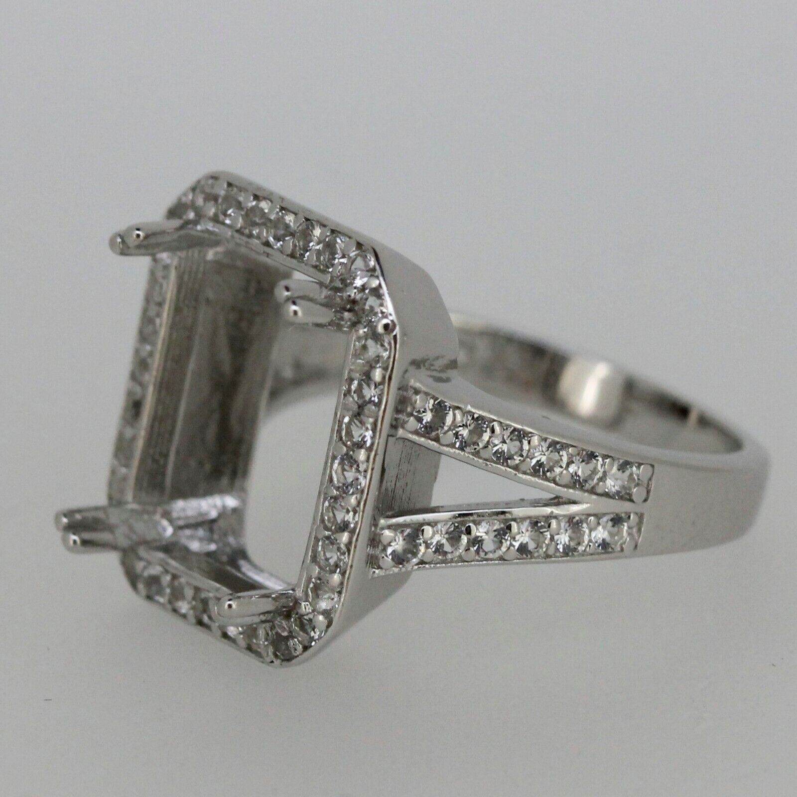 Sterling Silver Semi Mount Ring Setting Emerald OCT 12x10mm Halo White Topaz - Syzjewelry