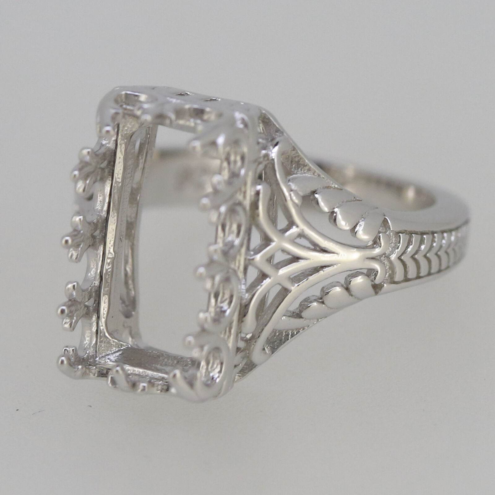 Art Deco Style Sterling Silver Semi Mount Ring Setting Emerald OCT 14x8mm - Syzjewelry