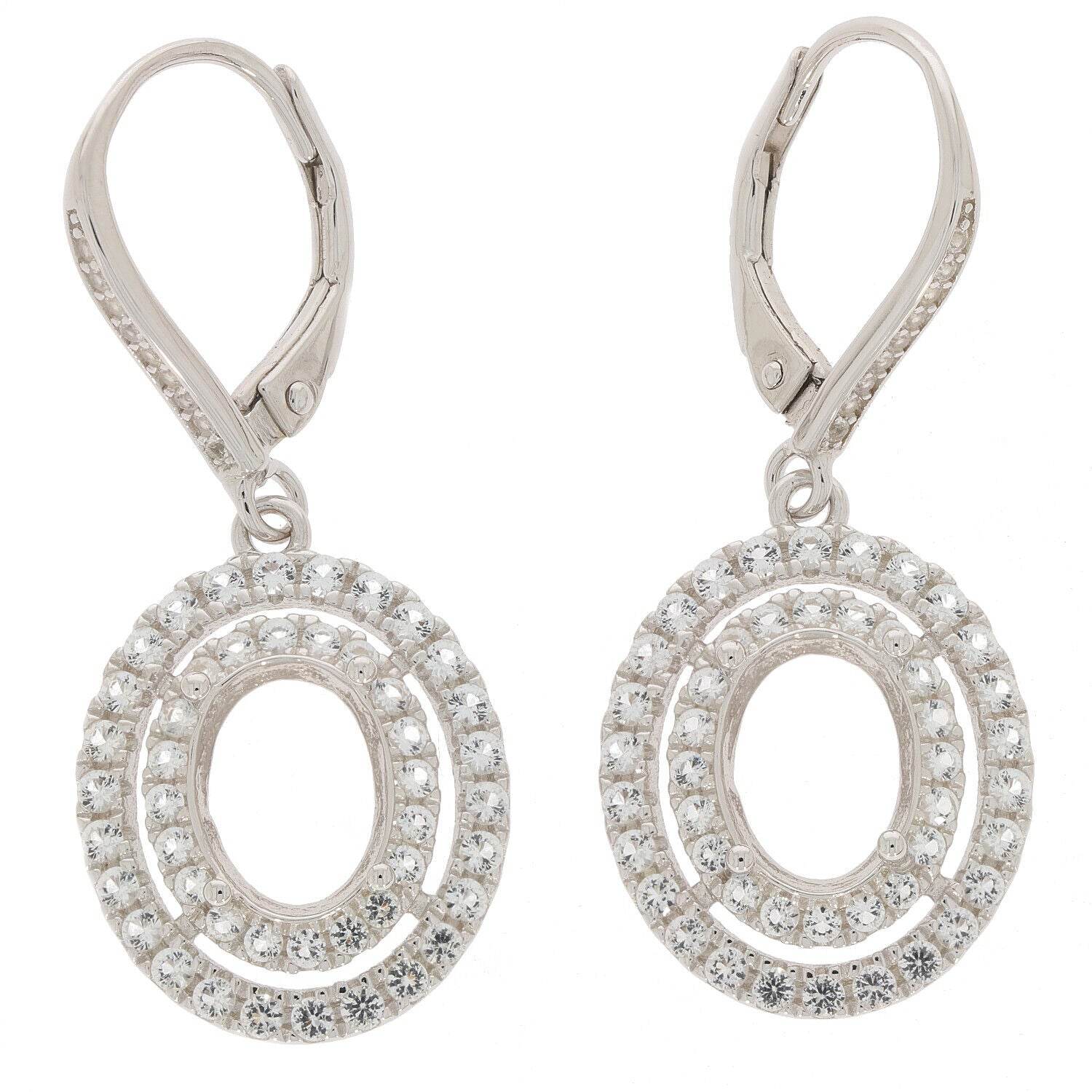 Sterling Silver Semi Mount Earrings Setting Oval OV 7X5mm Dangle Double Halo - Syzjewelry