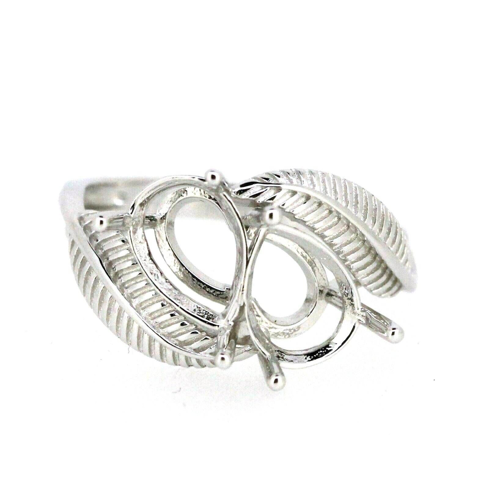 Sterling Silver Semi Mount Ring Setting Pear PE 9x6mm Feather Toi et Moi - Syzjewelry