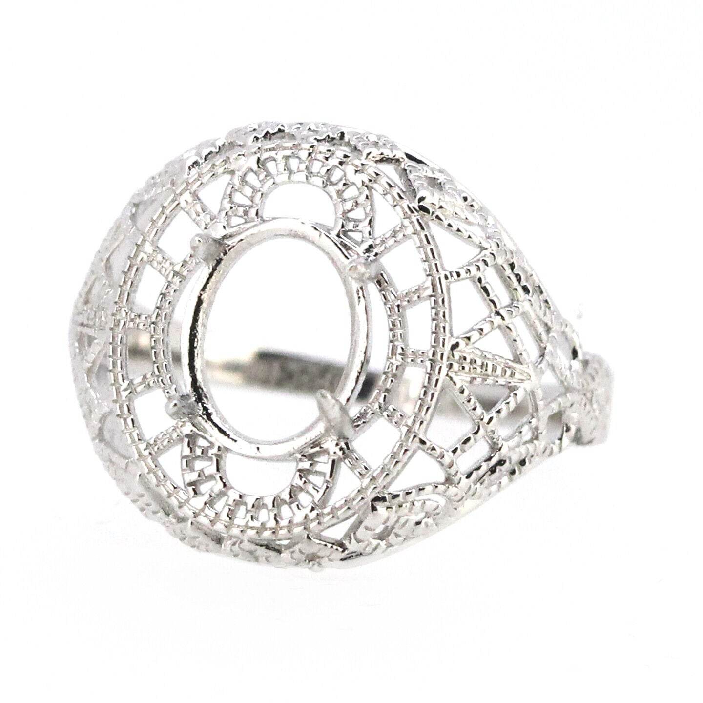 Art Deco Style Sterling Silver Semi Mount Ring Setting Oval OV 9x7mm White Topaz - Syzjewelry