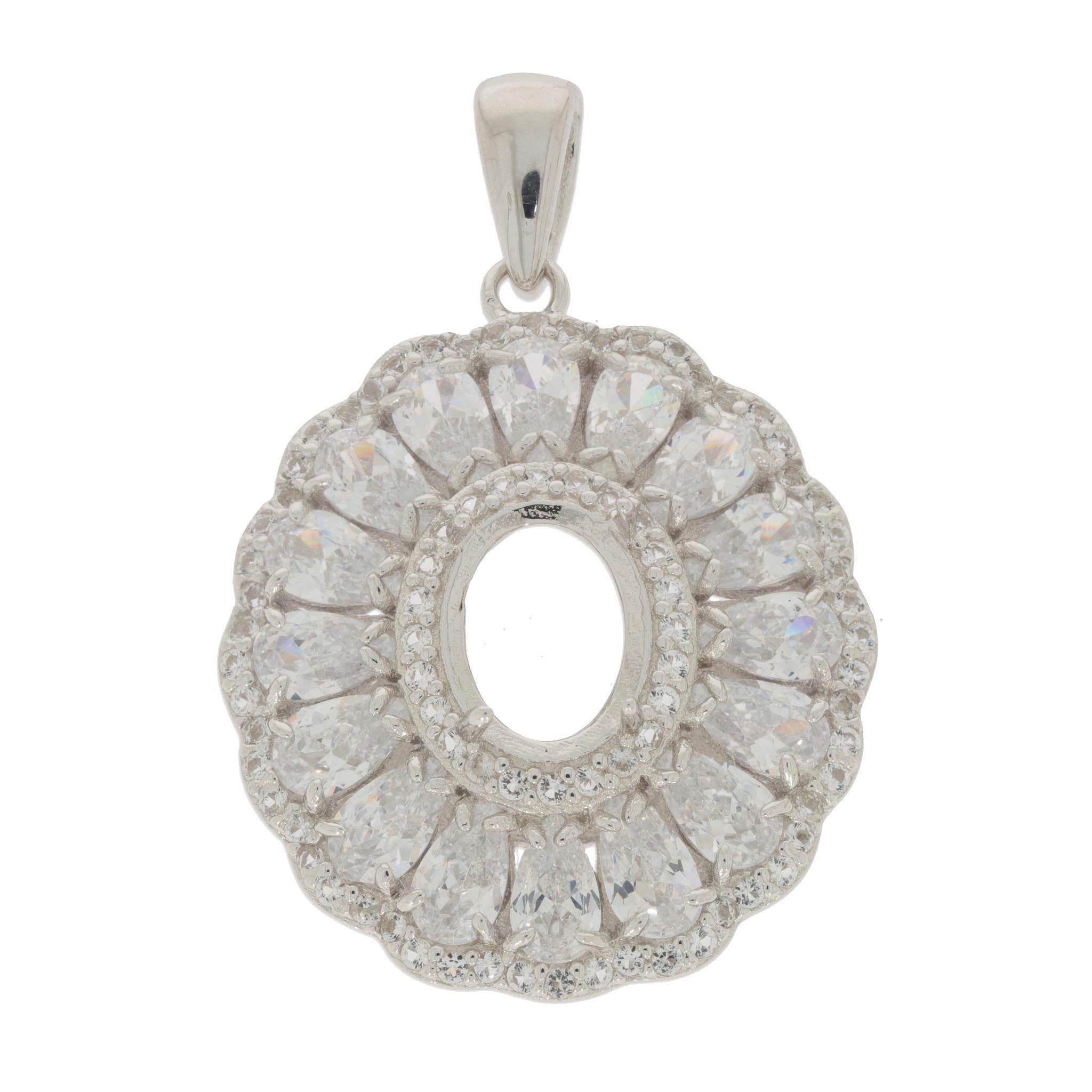 Sterling Silver Semi Mount Pendant Setting Oval OV 9X7mm Triple Halo Accent - Syzjewelry