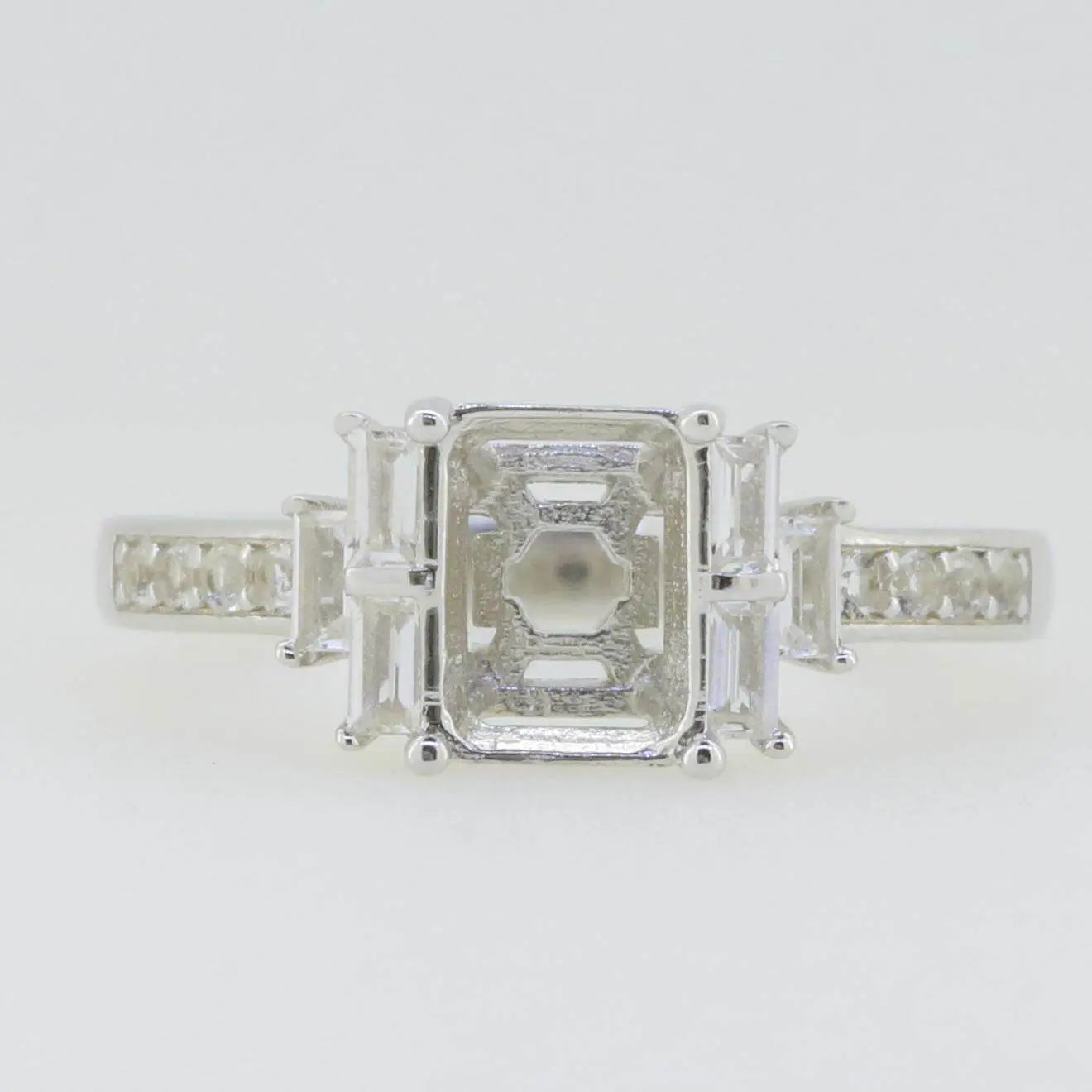 Sterling Silver Semi Mount Ring Setting Emerald OCT 8X6mm Bag 3x1.5mm White Topaz - Syzjewelry