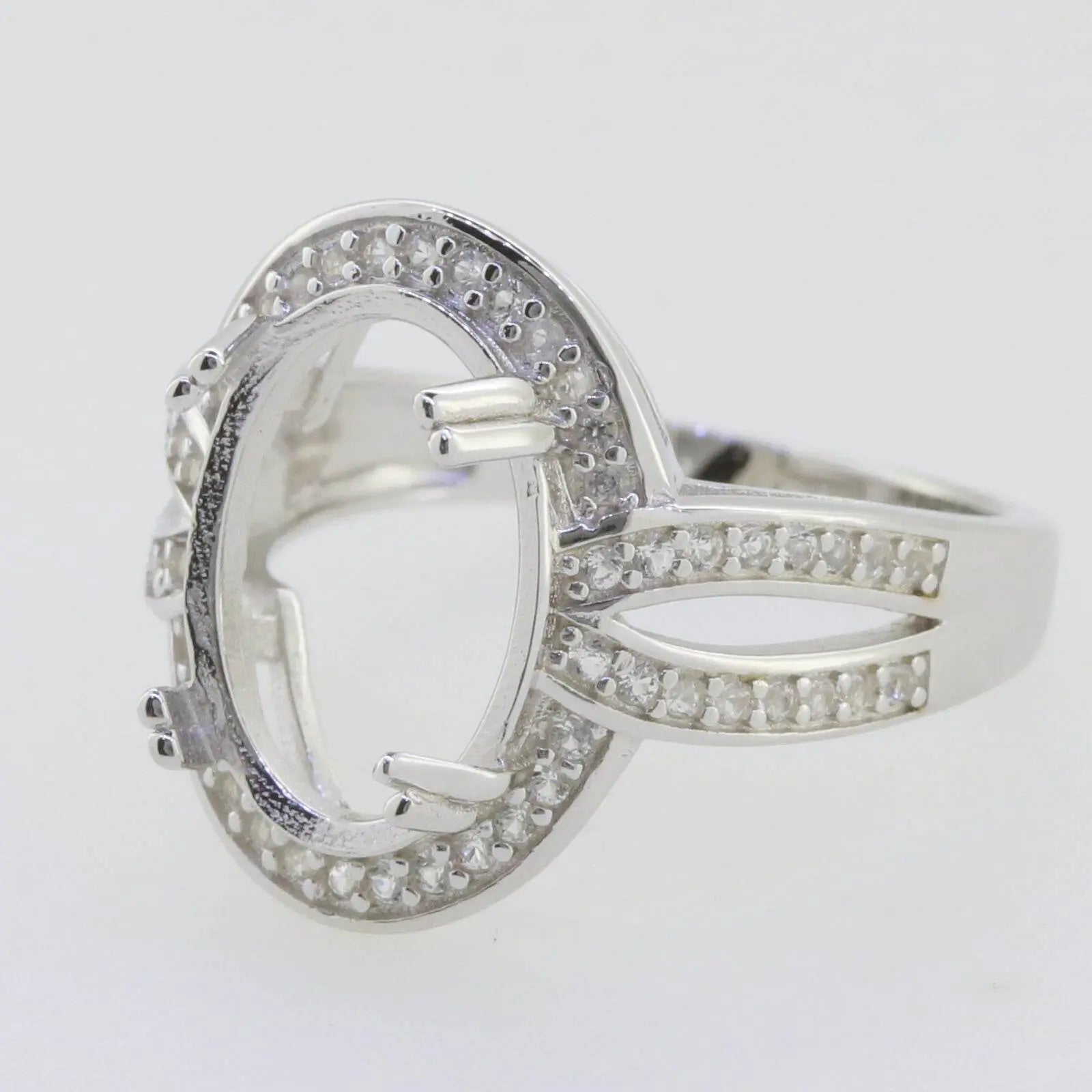 Sterling Silver Semi Mount Ring Setting Oval OV 14x10mm Halo Split Sha - Syzjewelry