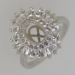 Sterling Silver Semi Mount Ring Setting Oval OV 8x6mm Engagement Ring Double Halo Baguette - Syzjewelry