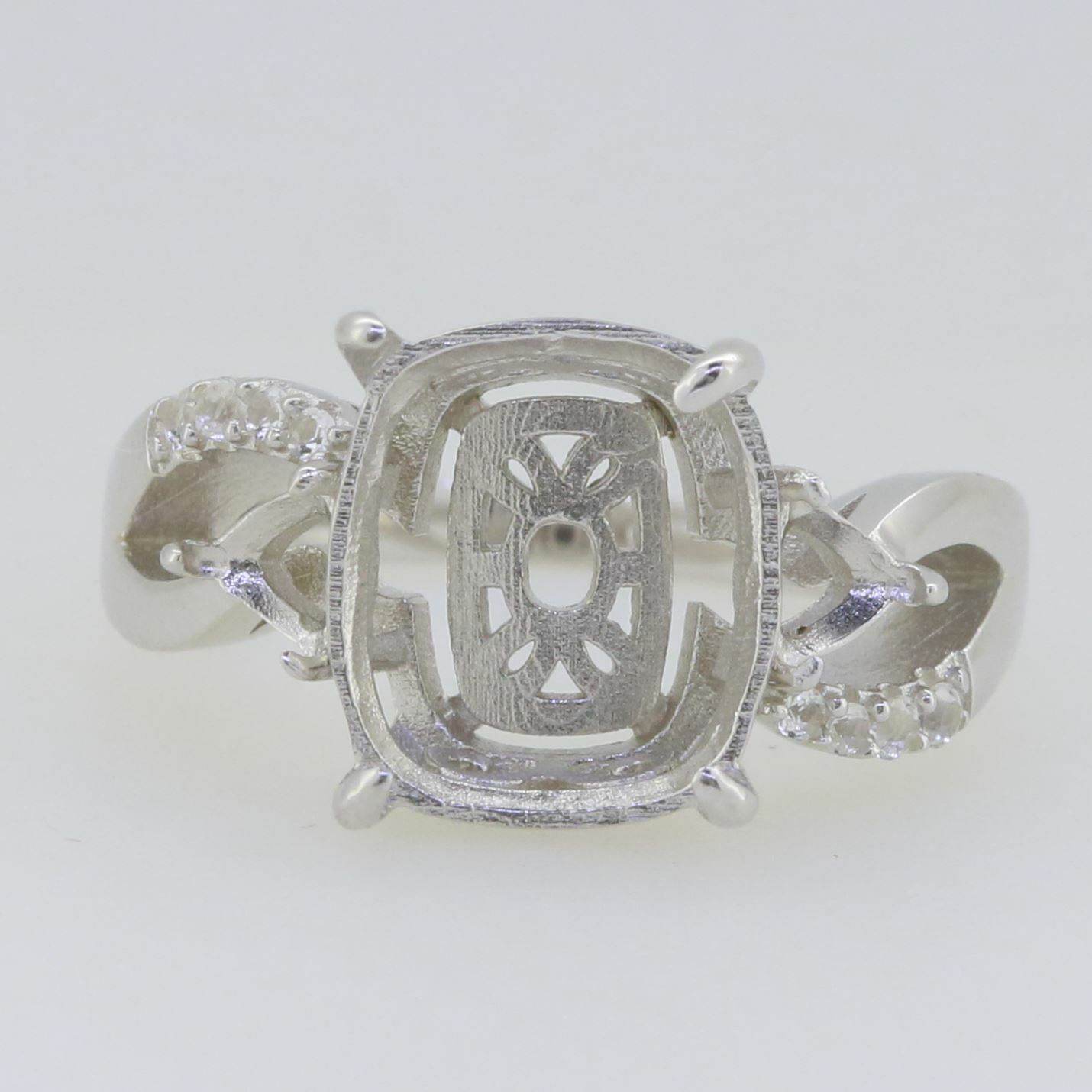 Sterling Silver Semi Mount Ring Setting Cushion CU 12X10mm Tri 4x4mm White - Syzjewelry