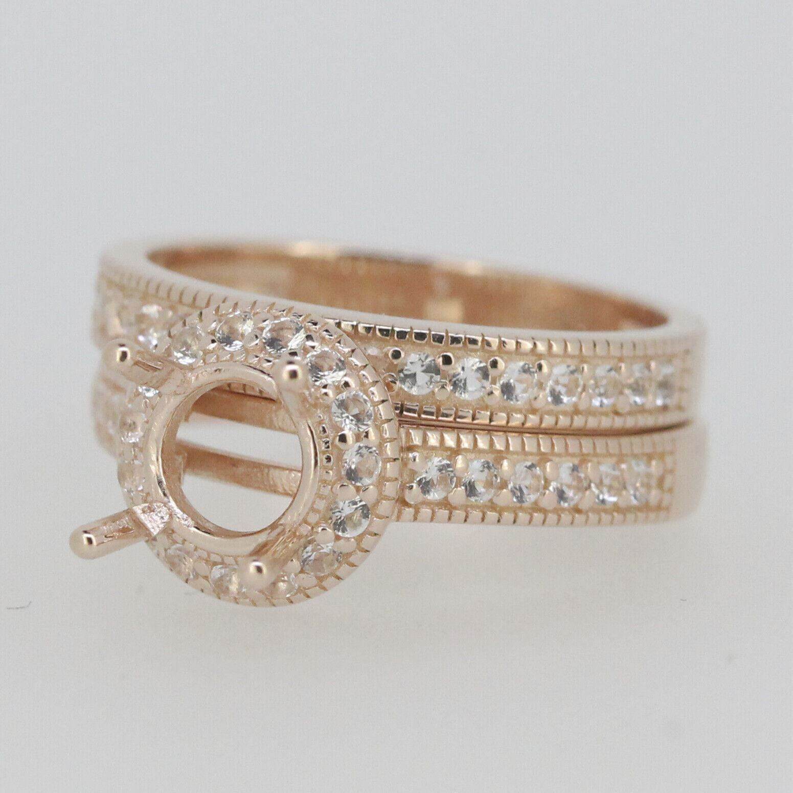 2 Piece 14K Rose Gold Semi Mount Ring Setting Round RD 6.5x6.5mm Halo Engagement - Syzjewelry
