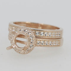 2 Piece 14K Rose Gold Semi Mount Ring Setting Round RD 6.5x6.5mm Halo Engagement - Syzjewelry