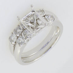 2 piece Set 14K White Gold Semi Mount Ring Setting Emerald OCT 7x5mm Engagement - Syzjewelry