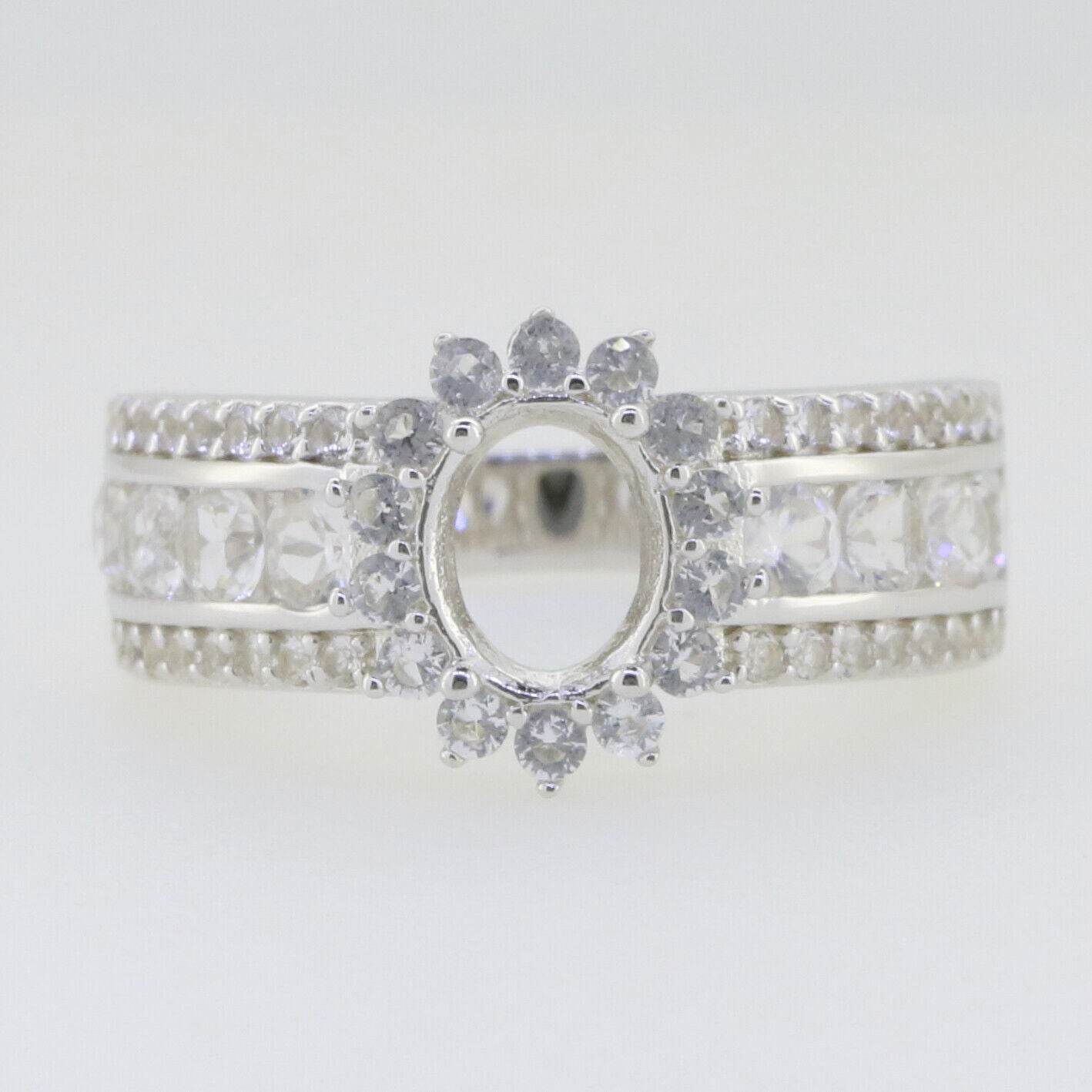 Sterling Silver Semi Mount Ring Setting Oval OV 8x6mm Double Halo Whit - Syzjewelry